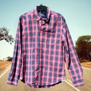 American Eagle Button Down Shirt Mens Medium Blue White Red Plaid Classic Casual